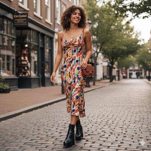 ASTR Mariela Satin Midi Dress in Orange Green Multi Size Small NWT - Picture 1 of 10
